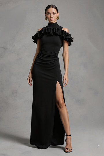 Black Sheath Satin High Neck Long Formal Dress with Slit